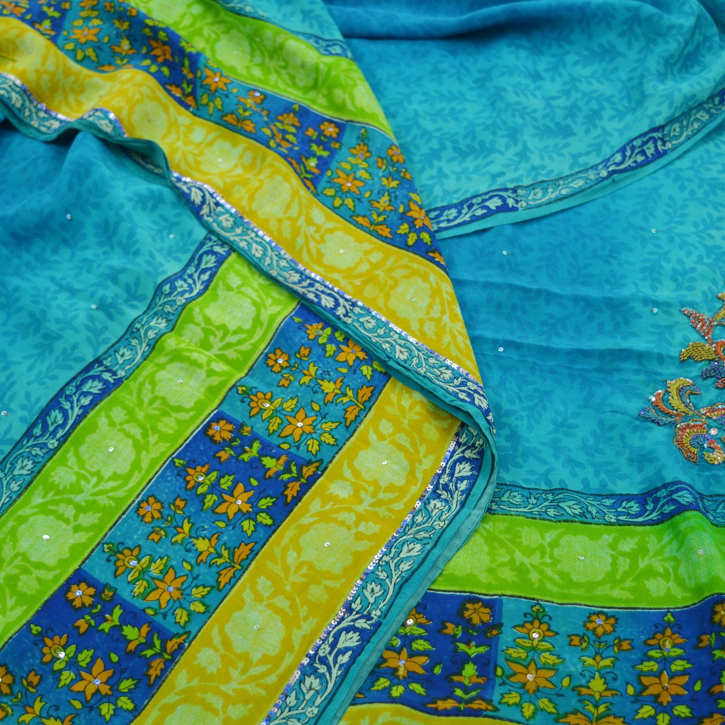 Indian Vintage Sari Blue Pure Crepe Silk Hand Embroidered Saree 5yd Sewing Floral Craft Fabric Sequins Dress making Crafting Quilting