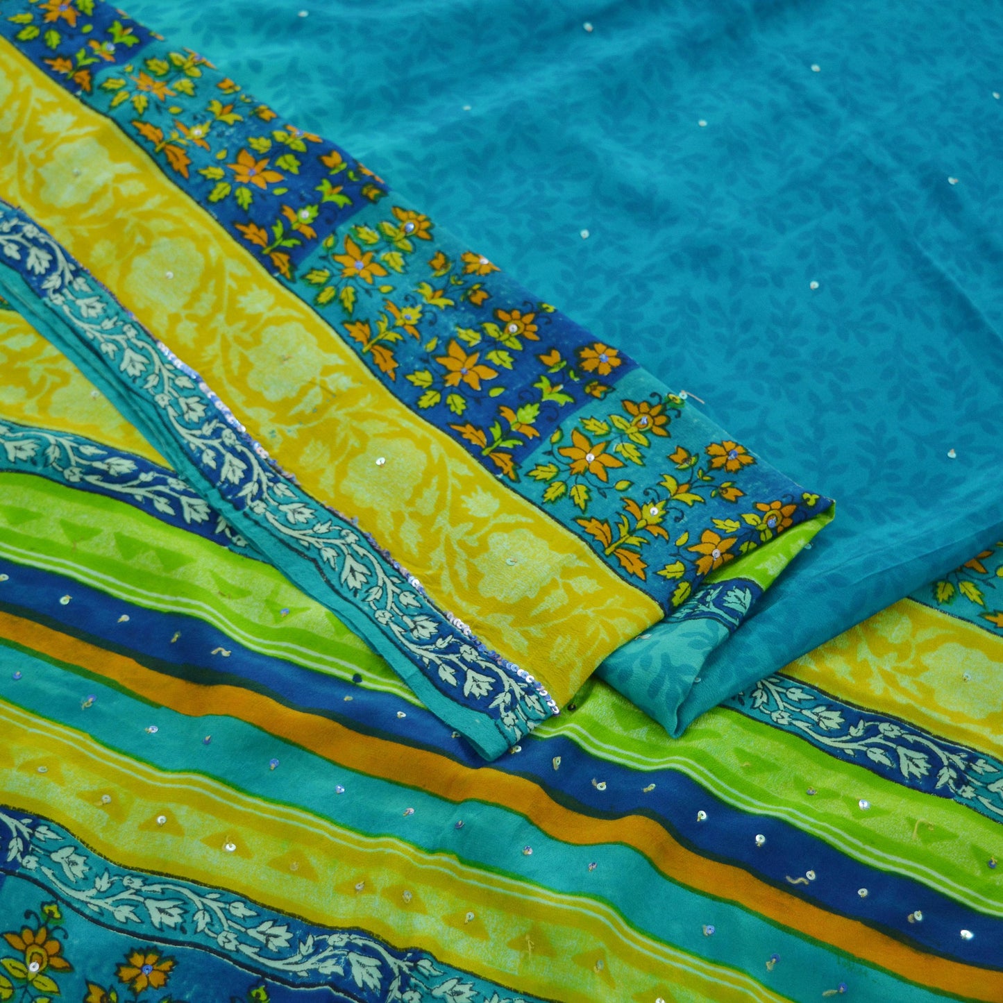 Indian Vintage Sari Blue Pure Crepe Silk Hand Embroidered Saree 5yd Sewing Floral Craft Fabric Sequins Dress making Crafting Quilting