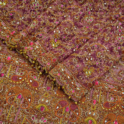 Indian Vintage Heavy Purple Dupatta Net Mesh Long Stole Hand Embroidered Scarves Golden Zardozi Dabka Zari  Bridal/Wedding Veil