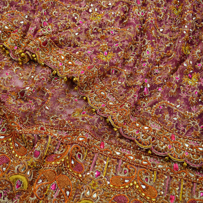 Indian Vintage Heavy Purple Dupatta Net Mesh Long Stole Hand Embroidered Scarves Golden Zardozi Dabka Zari  Bridal/Wedding Veil