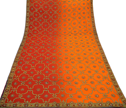 Indian Vintage Heavy Bridal Dupatta Red & Orange Pure Georgette Silk Long Stole Hand Embroidered Scarf Zardozi/Dabka Zari Wedding/Party