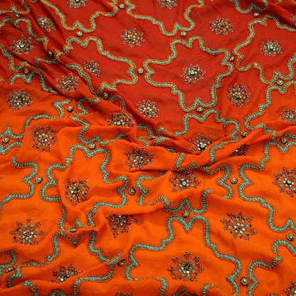 Indian Vintage Heavy Bridal Dupatta Red & Orange Pure Georgette Silk Long Stole Hand Embroidered Scarf Zardozi/Dabka Zari Wedding/Party