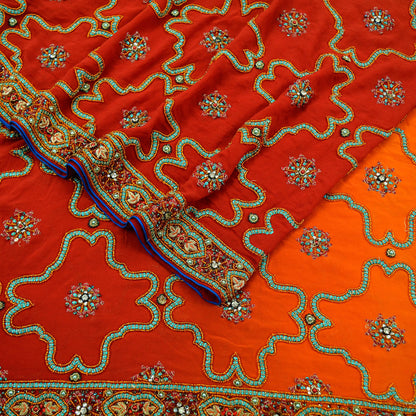 Indian Vintage Heavy Bridal Dupatta Red & Orange Pure Georgette Silk Long Stole Hand Embroidered Scarf Zardozi/Dabka Zari Wedding/Party