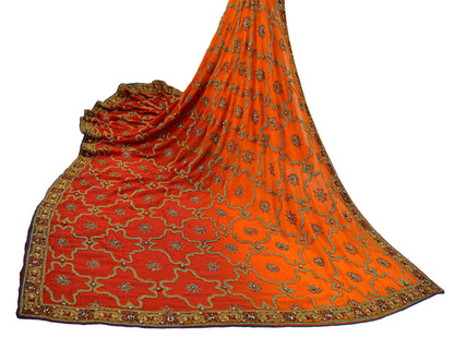 Indian Vintage Heavy Bridal Dupatta Red & Orange Pure Georgette Silk Long Stole Hand Embroidered Scarf Zardozi/Dabka Zari Wedding/Party