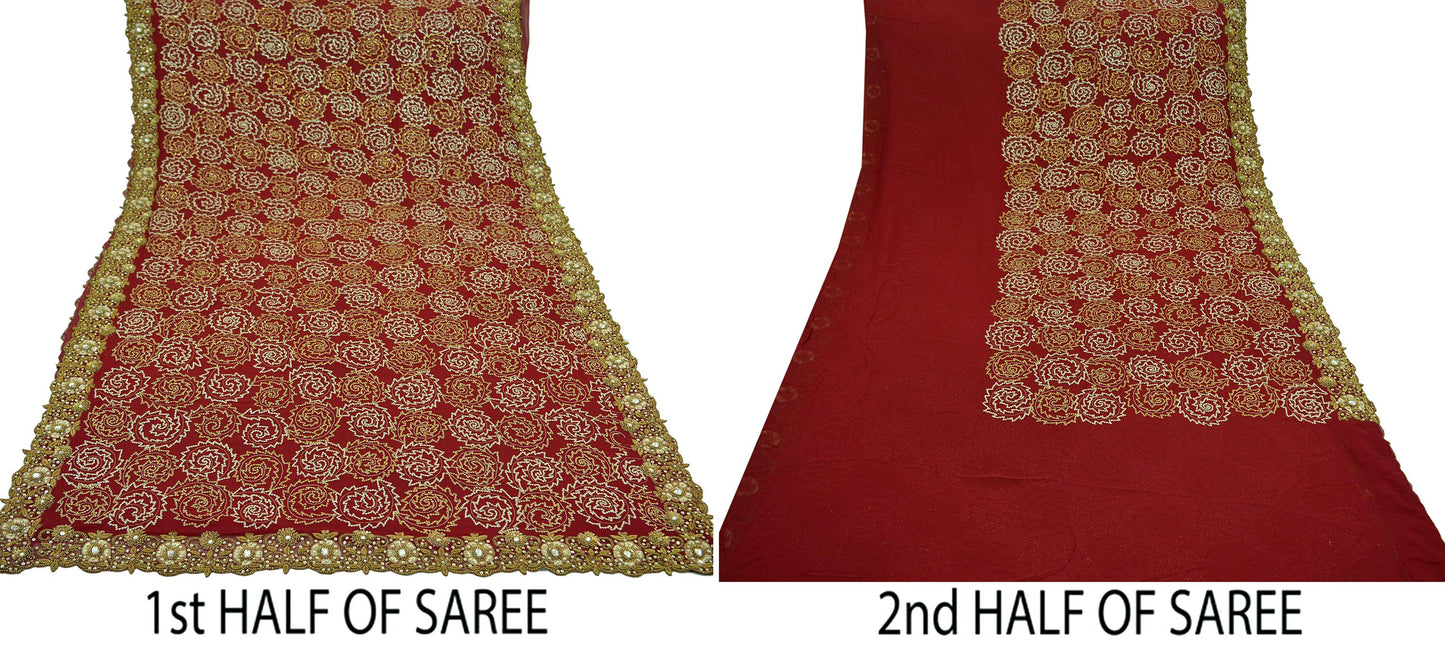 Indian Vintage Heavy Sarees Red Pure Georgette Silk Hand Embroidered Sari Fabric 5Yd Sewing Ethnic Zardozi/dabka zari Wedding sarees