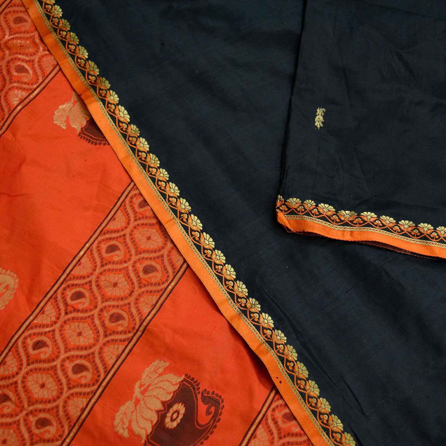 Indian Vintage Sari Orange & Black Mysore Silk Woven Sarees Fabric 5Yd Sari Ethnic Golden Zari Paisley Craft Fabric Dress making Quilting