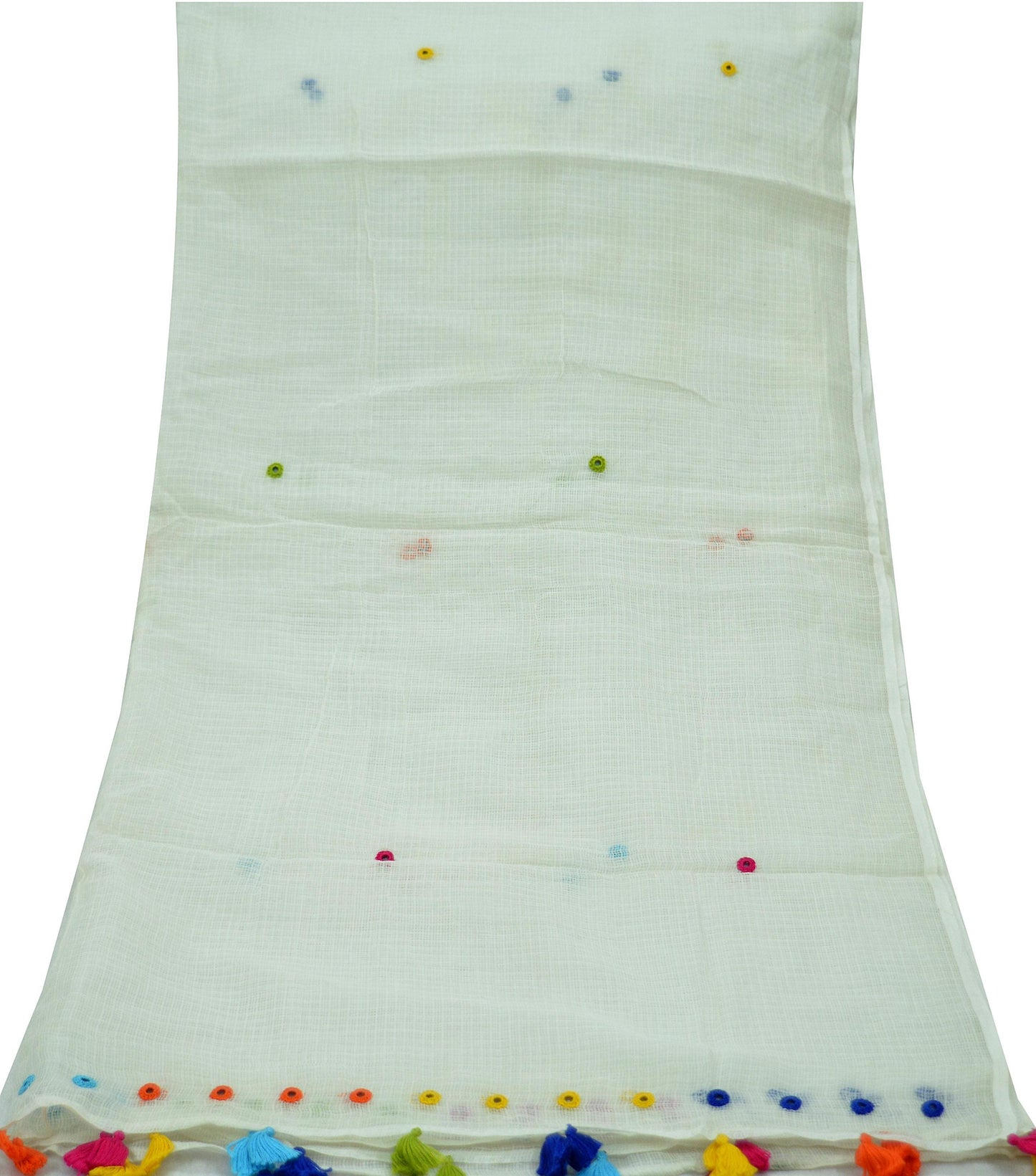 Indian Vintage White Dupatta Long Stole Embroidered Pure Cotton Scarves Veil Mirror Soft Fringes