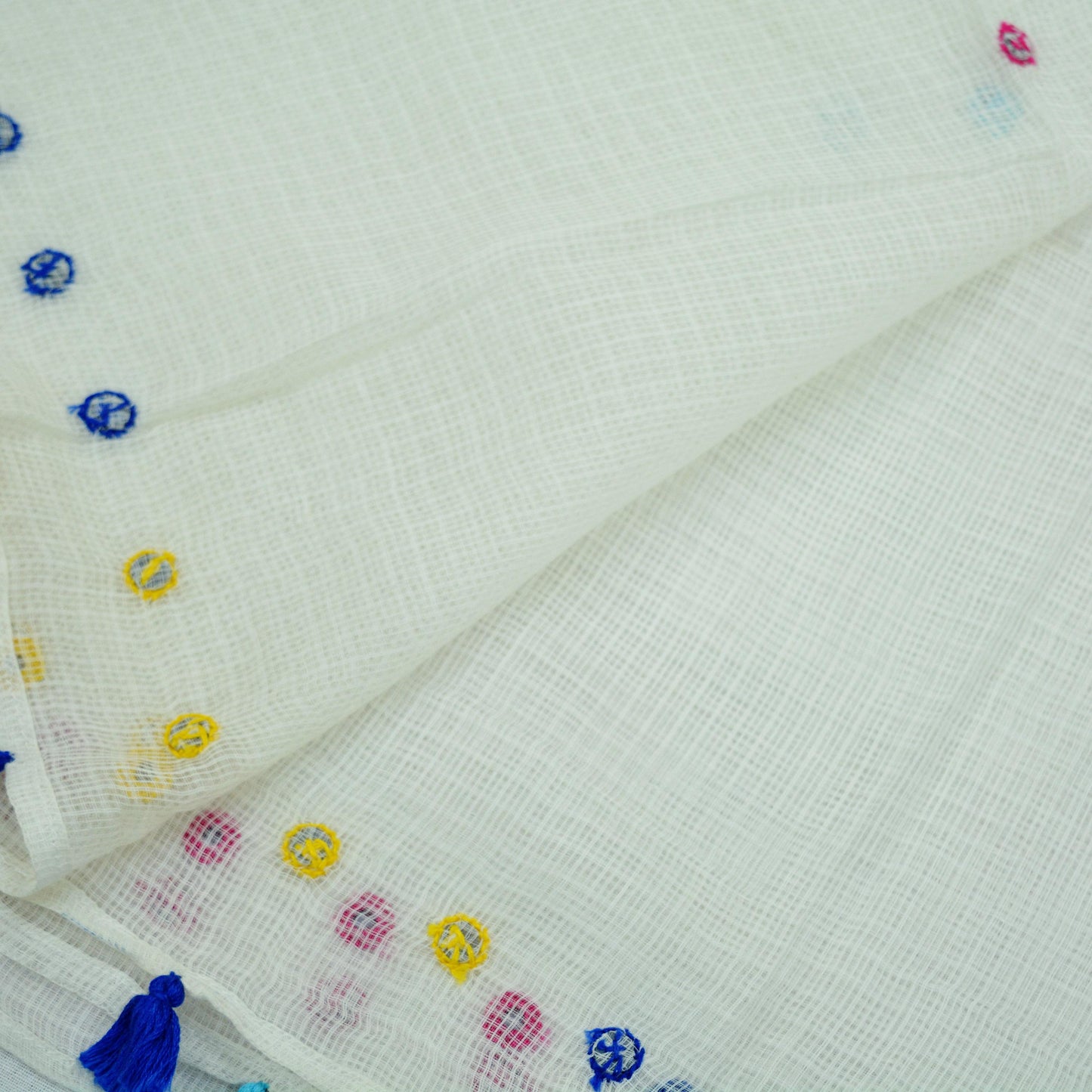 Indian Vintage White Dupatta Long Stole Embroidered Pure Cotton Scarves Veil Mirror Soft Fringes