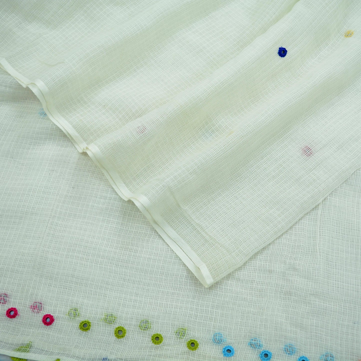 Indian Vintage White Dupatta Long Stole Embroidered Pure Cotton Scarves Veil Mirror Soft Fringes