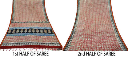 Indian Vintage Sari Cream Block Printed Sari Chanderi Cotton Saree Craft Fabric 5Yd Floral Soft Dress making Crafting