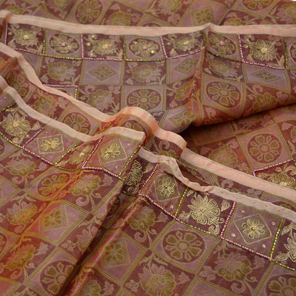 Indian Vintage Sari Brown Hand Embroidered Saree Pure Organza Silk Fabric 5Yd Ethnic Dress Making Crafting Quilting Zardozi/ Dabka