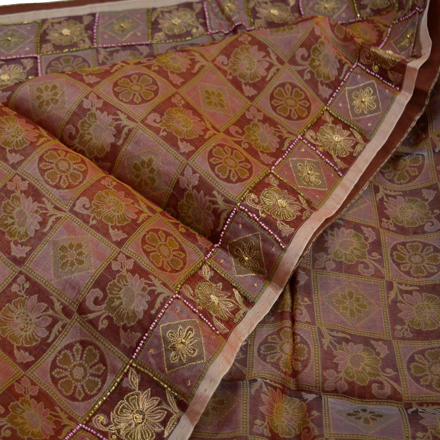 Indian Vintage Sari Brown Hand Embroidered Saree Pure Organza Silk Fabric 5Yd Ethnic Dress Making Crafting Quilting Zardozi/ Dabka