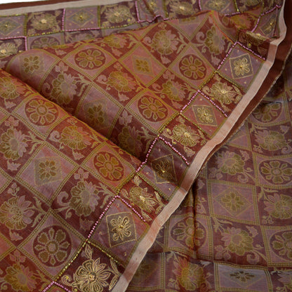 Indian Vintage Sari Brown Hand Embroidered Saree Pure Organza Silk Fabric 5Yd Ethnic Dress Making Crafting Quilting Zardozi/ Dabka