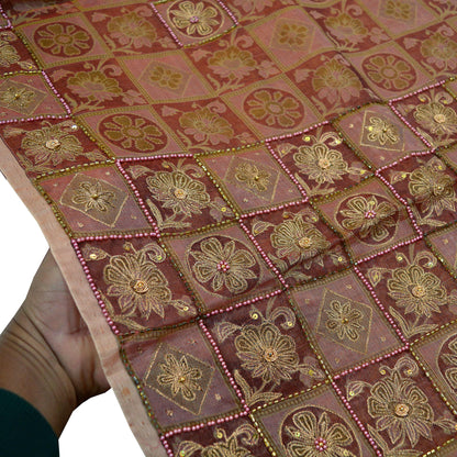 Indian Vintage Sari Brown Hand Embroidered Saree Pure Organza Silk Fabric 5Yd Ethnic Dress Making Crafting Quilting Zardozi/ Dabka
