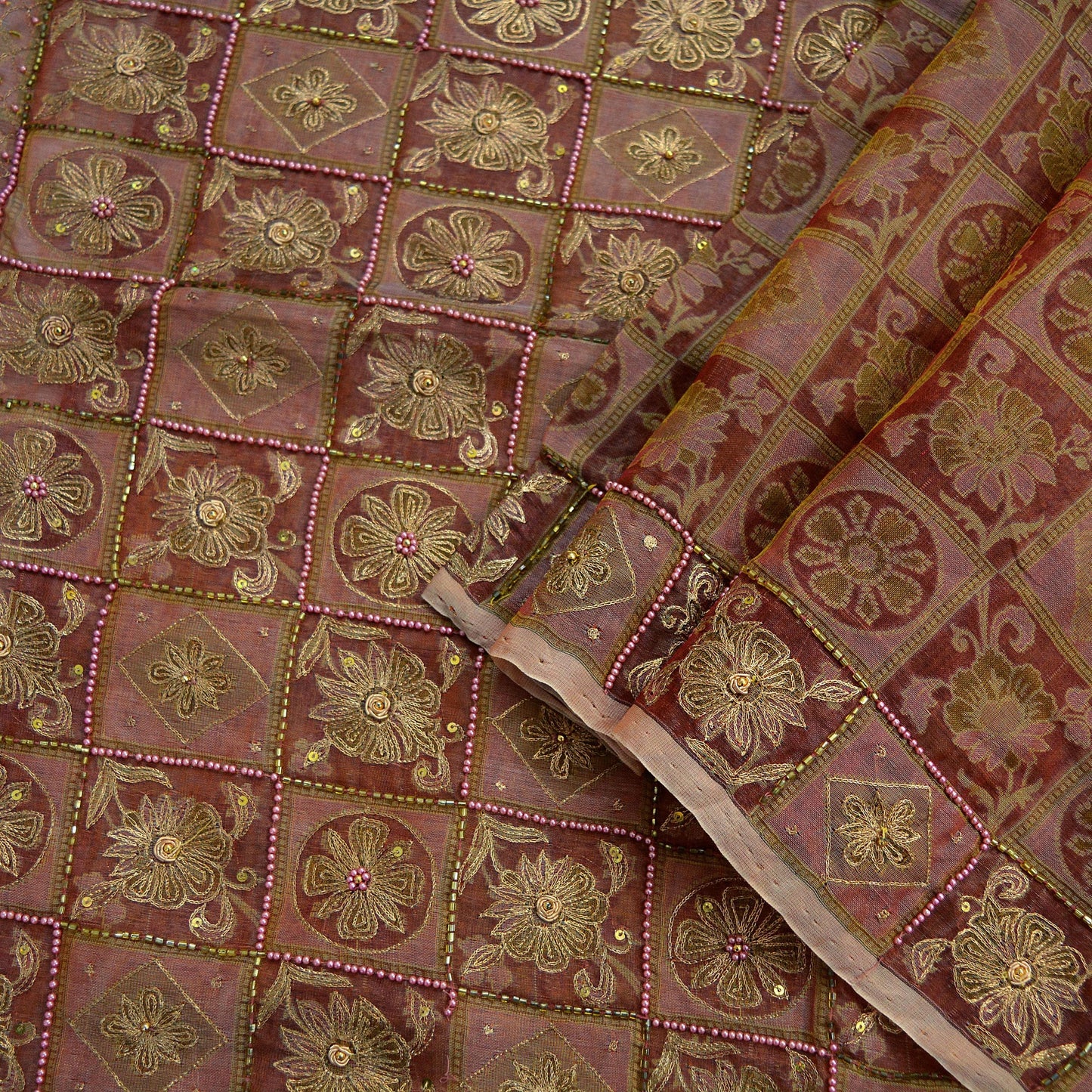 Indian Vintage Sari Brown Hand Embroidered Saree Pure Organza Silk Fabric 5Yd Ethnic Dress Making Crafting Quilting Zardozi/ Dabka