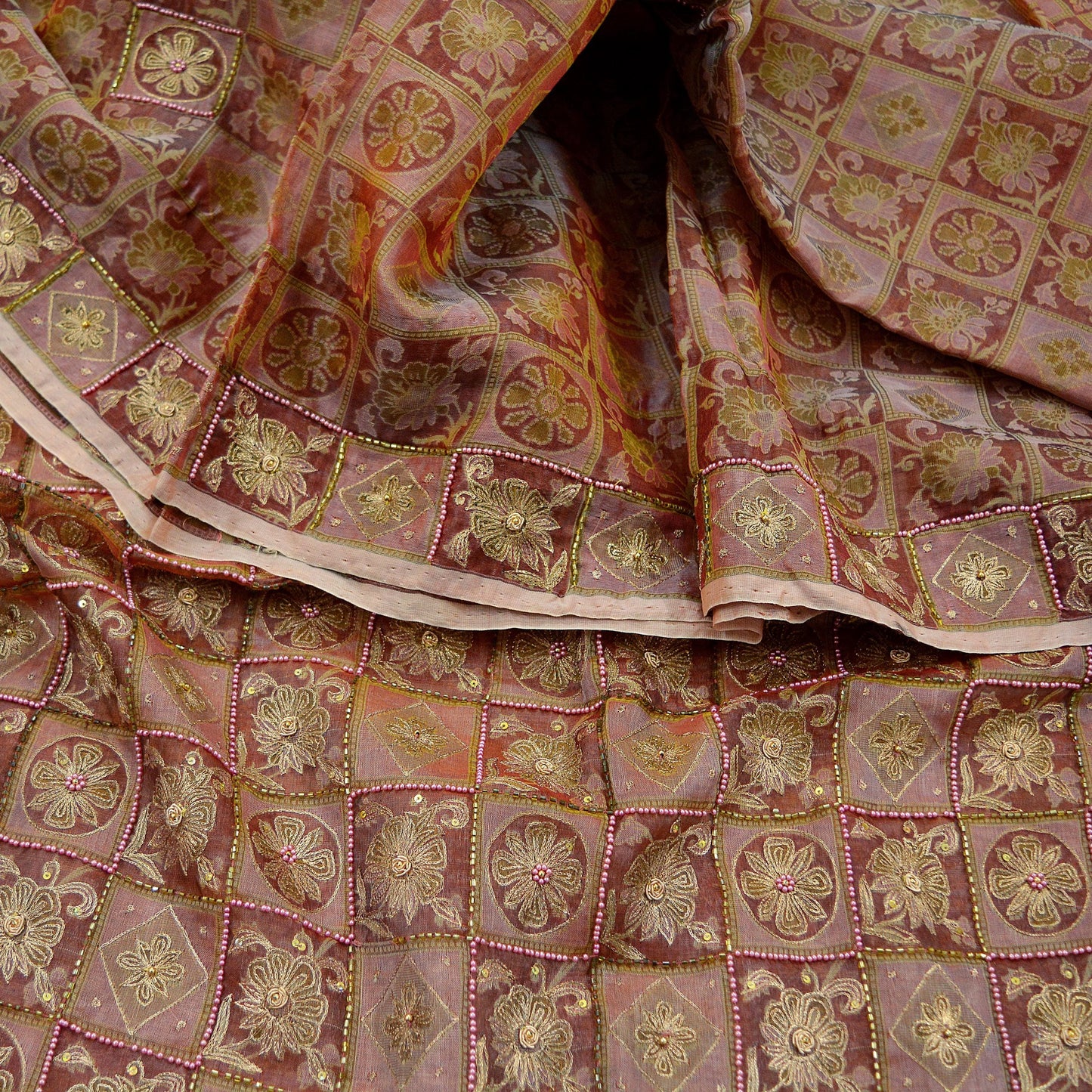Indian Vintage Sari Brown Hand Embroidered Saree Pure Organza Silk Fabric 5Yd Ethnic Dress Making Crafting Quilting Zardozi/ Dabka