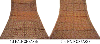 Indian Vintage Sari Brown Hand Embroidered Saree Pure Organza Silk Fabric 5Yd Ethnic Dress Making Crafting Quilting Zardozi/ Dabka