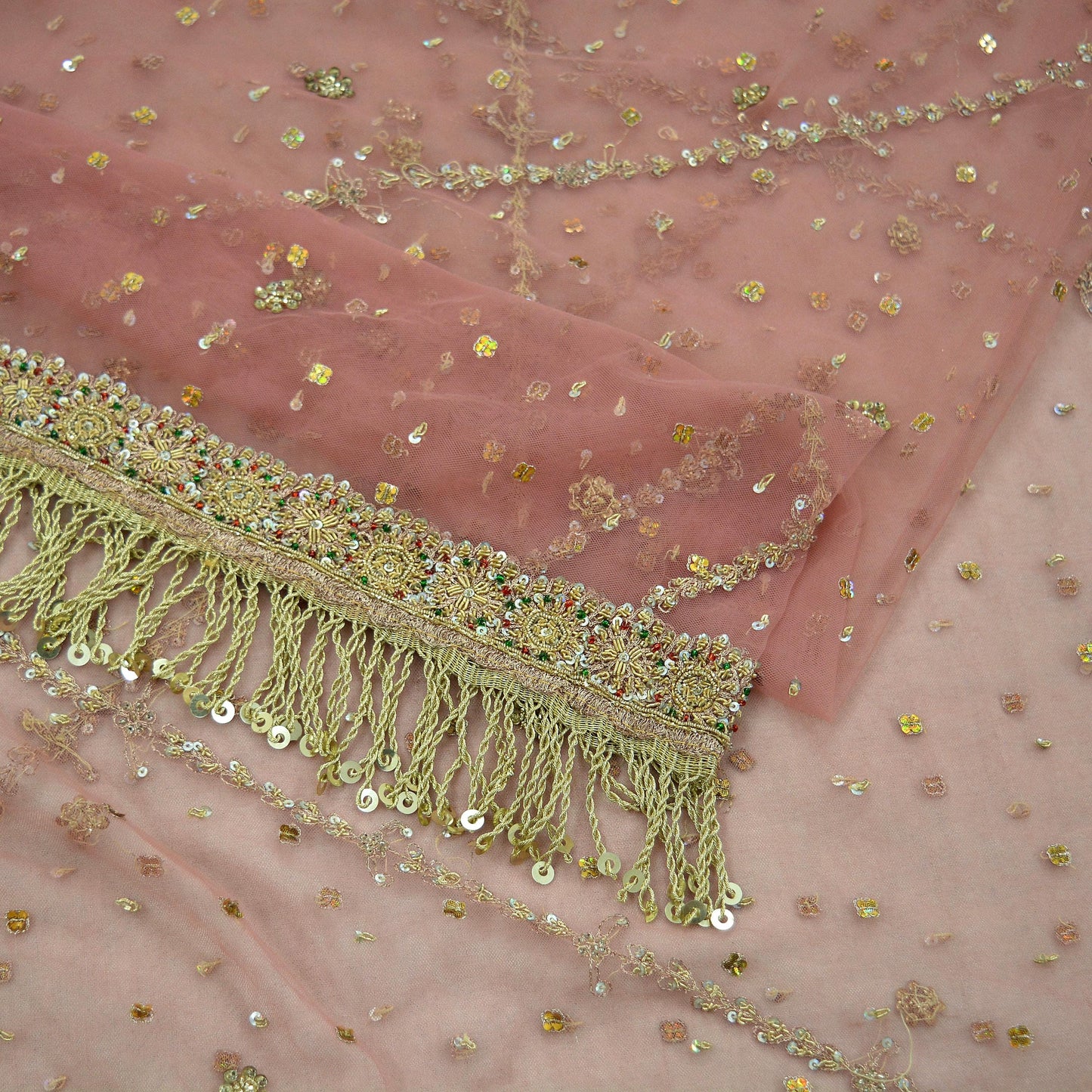 Indian Vintage Heavy Bridal Pink Dupatta Net Mesh Long Stole Hand Embroidered Scarves Golden Zardozi Dabka Zari Sequins Wedding Veil Hijab