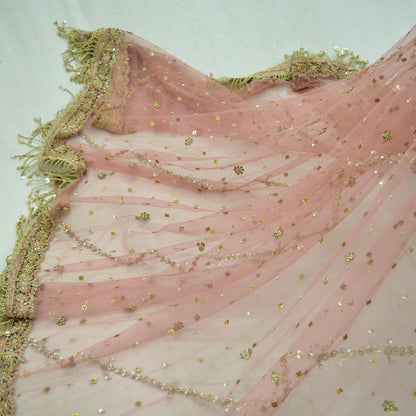 Indian Vintage Heavy Bridal Pink Dupatta Net Mesh Long Stole Hand Embroidered Scarves Golden Zardozi Dabka Zari Sequins Wedding Veil Hijab