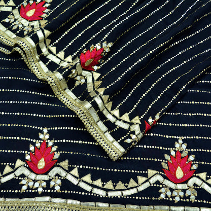 Indian Vintage Navy Blue Dupatta Long Stole Blend Silk Embroidered Scarves Veil Scarf Wrap Hippie Boho Soft Floral Zari Sequins Birds Design