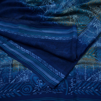 Indian Vintage Blue Saree Pure Crepe Silk Printed Sari 5yd Sewing Floral Soft Craft Fabric Wrap Dress making Crafting Quilting Upcycle