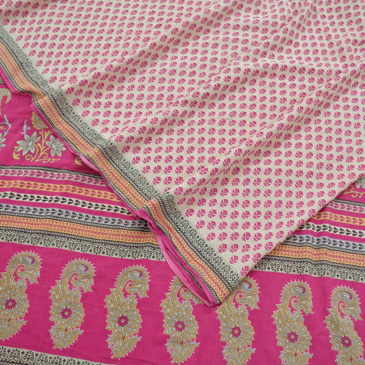 Indian Vintage Sari Ivory & Pink Printed Blend Cotton Saree Craft Fabric 5Yd Soft Sewing Sarong Wrap Boho Floral Dress making Crafting