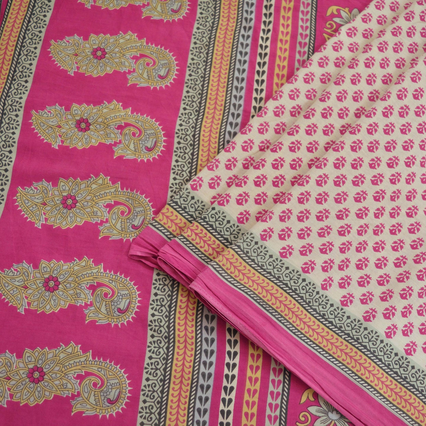 Indian Vintage Sari Ivory & Pink Printed Blend Cotton Saree Craft Fabric 5Yd Soft Sewing Sarong Wrap Boho Floral Dress making Crafting