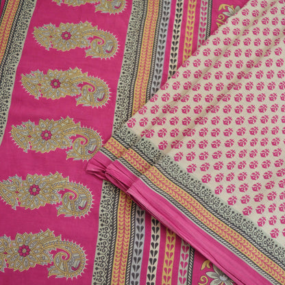 Indian Vintage Sari Ivory & Pink Printed Blend Cotton Saree Craft Fabric 5Yd Soft Sewing Sarong Wrap Boho Floral Dress making Crafting