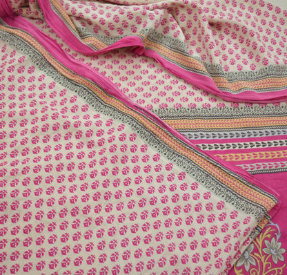 Indian Vintage Sari Ivory & Pink Printed Blend Cotton Saree Craft Fabric 5Yd Soft Sewing Sarong Wrap Boho Floral Dress making Crafting