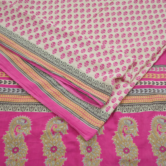 Indian Vintage Sari Ivory & Pink Printed Blend Cotton Saree Craft Fabric 5Yd Soft Sewing Sarong Wrap Boho Floral Dress making Crafting