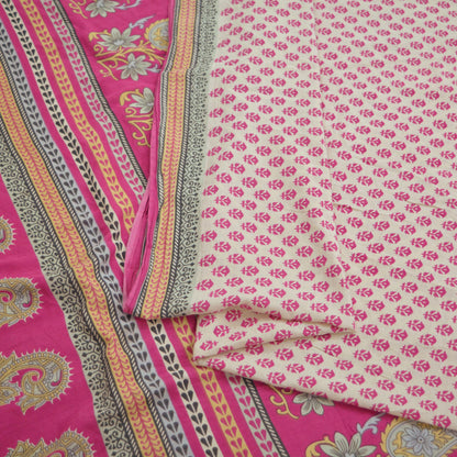 Indian Vintage Sari Ivory & Pink Printed Blend Cotton Saree Craft Fabric 5Yd Soft Sewing Sarong Wrap Boho Floral Dress making Crafting