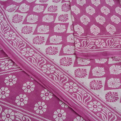 Indian Vintage Sari Purple & Ivory Pure Cotton Printed Saree 5Yd Craft Fabric Sewing Sarong Wrap Boho Floral Quilting crafting dressmaking