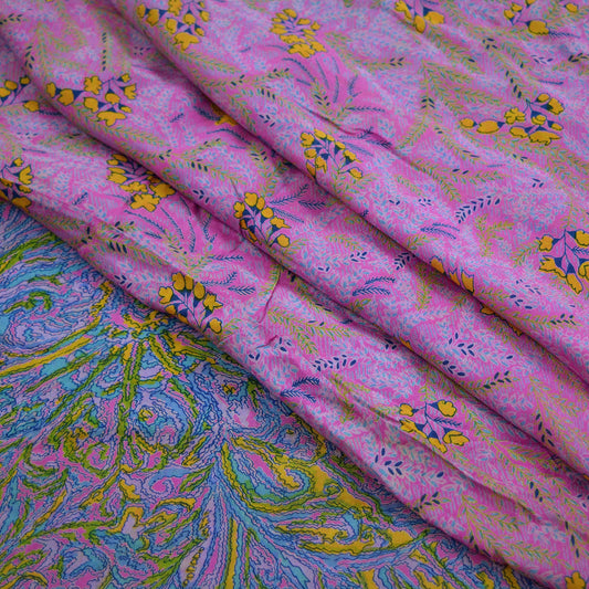 Indian Vintage Pink & Blue Saree 100% Pure Silk Printed Sari Craft Fabric 5yd Sewing Dress Making Soft Floral Abstract Quilting Crafting