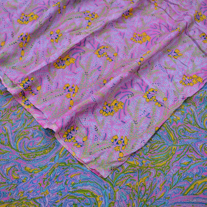 Indian Vintage Pink & Blue Saree 100% Pure Silk Printed Sari Craft Fabric 5yd Sewing Dress Making Soft Floral Abstract Quilting Crafting