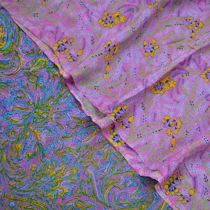 Indian Vintage Pink & Blue Saree 100% Pure Silk Printed Sari Craft Fabric 5yd Sewing Dress Making Soft Floral Abstract Quilting Crafting