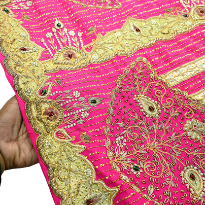 Indian Antique Vintage Pink Saree Pure Crepe Silk Hand Embroidered Sari Craft Fabric 5Yd Sewing Soft Zardozi/Dabka Sequins