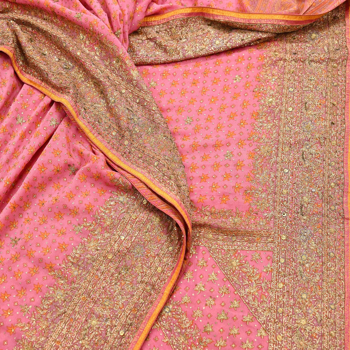 Indian Vintage Pink Saree Pure Georgette Silk Pre-owned Hand Beaded Ritu Kumar Designer Sari Fabric 6Yd Soft Ethnic Bollywood Party sarees