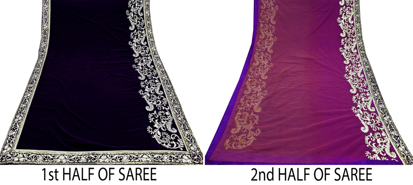 Indian Pre-Owned Sari Purple & Pink Net/Mesh/Velvet Hand Embroidered Designer Manish Malhotra Sarees Ethnic Zardozi/Dabka Zari Wedding Saree