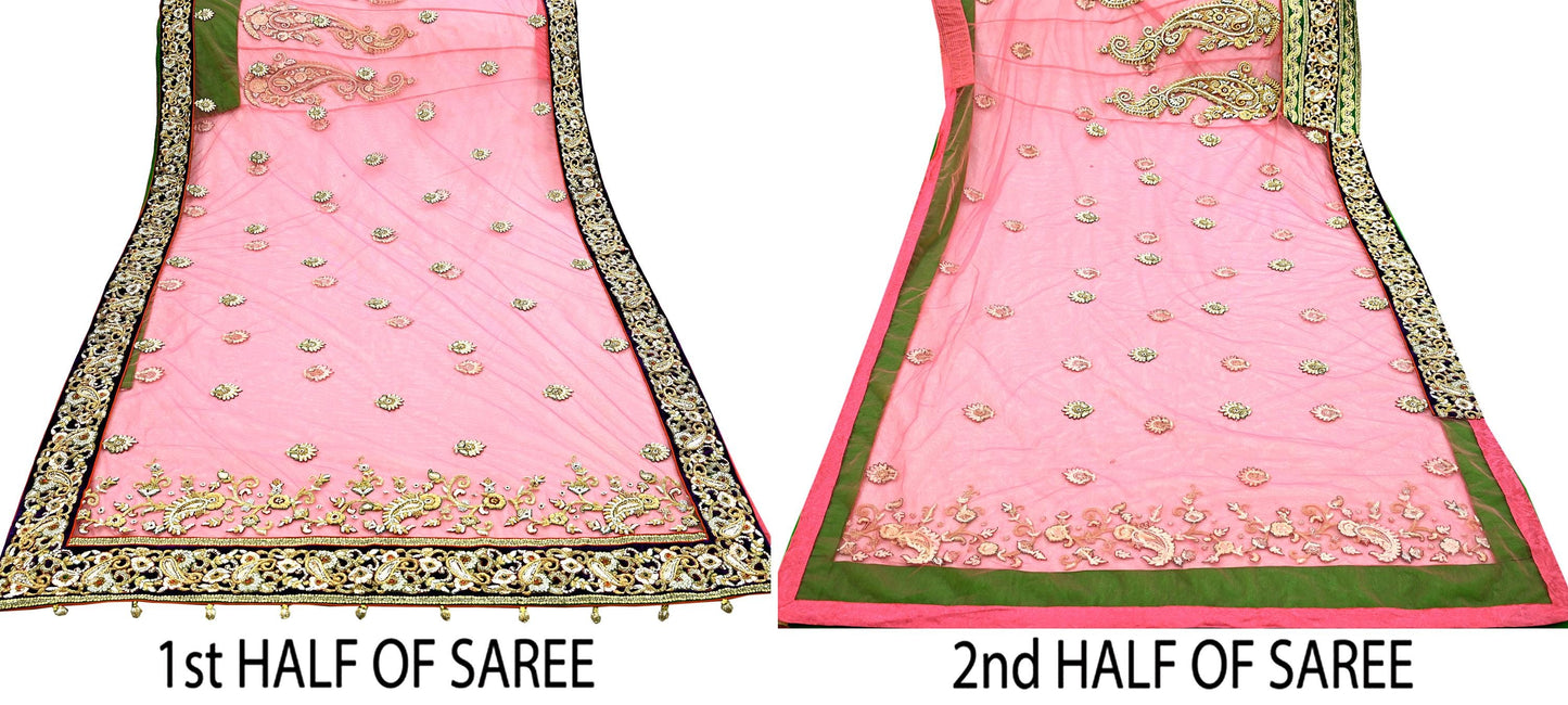 Indian Pre-Owned Sari Pink Net/Mesh Hand Embroidered Designer Tarun Tahiliani Lehenga Sarees Ethnic Zardozi/Dabka Zari Wedding Sarees