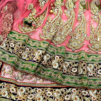 Indian Pre-Owned Sari Pink Net/Mesh Hand Embroidered Designer Tarun Tahiliani Lehenga Sarees Ethnic Zardozi/Dabka Zari Wedding Sarees