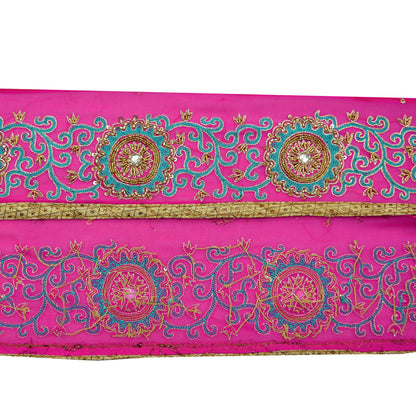 Indian Vintage Magenta Pink Sari Border Hand Embroidered Craft Trim Lace Sewing Pure Georgette Silk Ribbon Recycled Zardozi