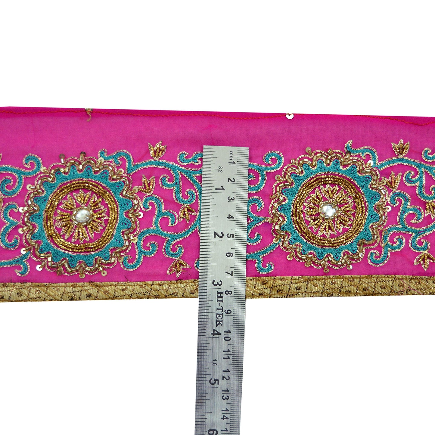 Indian Vintage Magenta Pink Sari Border Hand Embroidered Craft Trim Lace Sewing Pure Georgette Silk Ribbon Recycled Zardozi