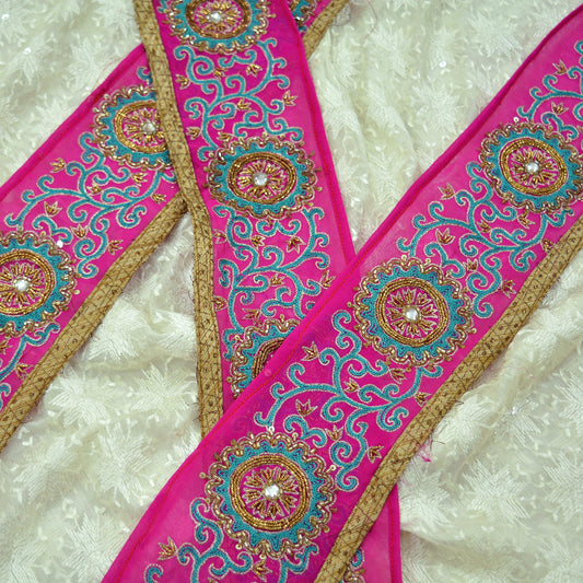 Indian Vintage Magenta Pink Sari Border Hand Embroidered Craft Trim Lace Sewing Pure Georgette Silk Ribbon Recycled Zardozi