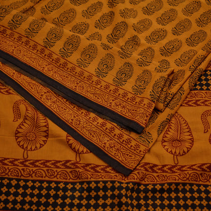 Indian Vintage Sari Mustard Pure Cotton Hand Block Printed Sarees 5Yd Craft Fabric Soft Sewing Sarong Dress Making Quilting Crafting