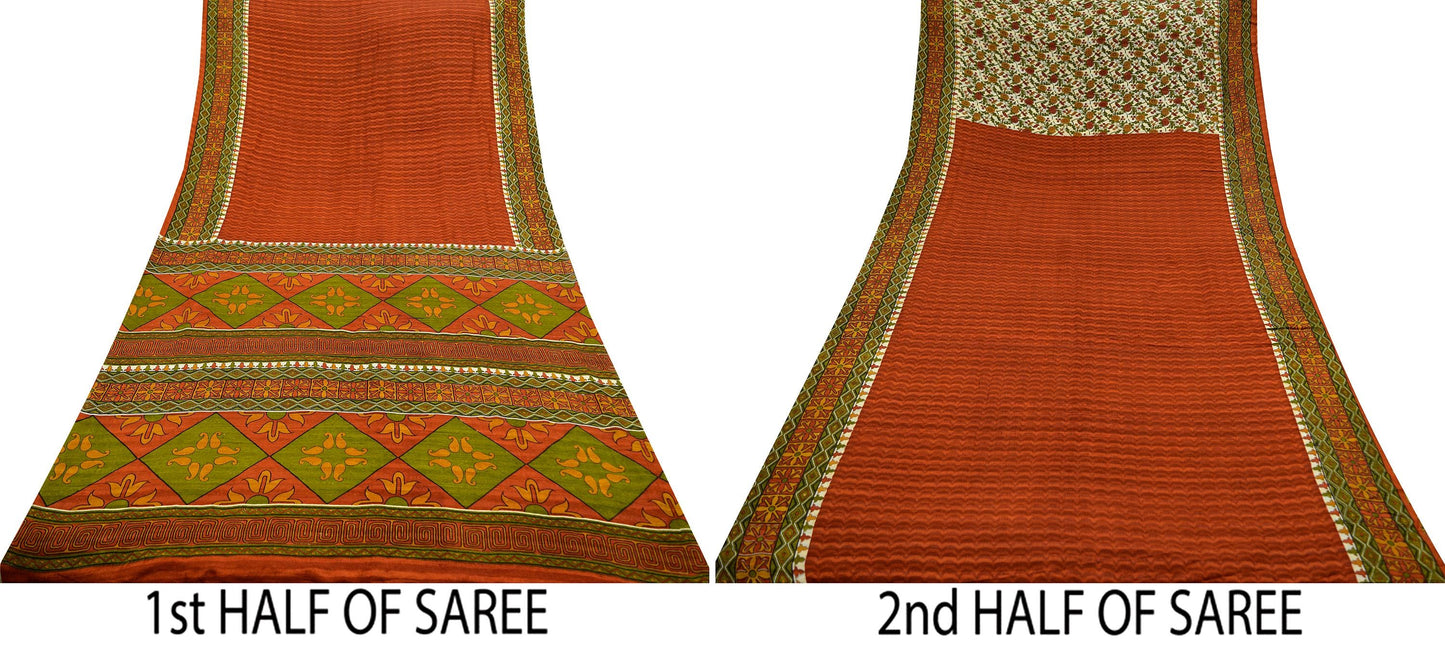 Indian Vintage Orange & Ivory Saree Pure Khadi Silk Handloom Printed Sari Craft Fabric 6yd Ethnic Wear Dress making Crafting Quilting