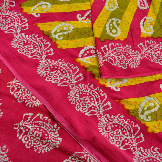 Indian Vintage Sari Yellow & Pink Printed Pure Cotton Sarees Craft Fabric 5Yd Soft Sewing Sarong Wrap Boho Floral Quilting Dress making