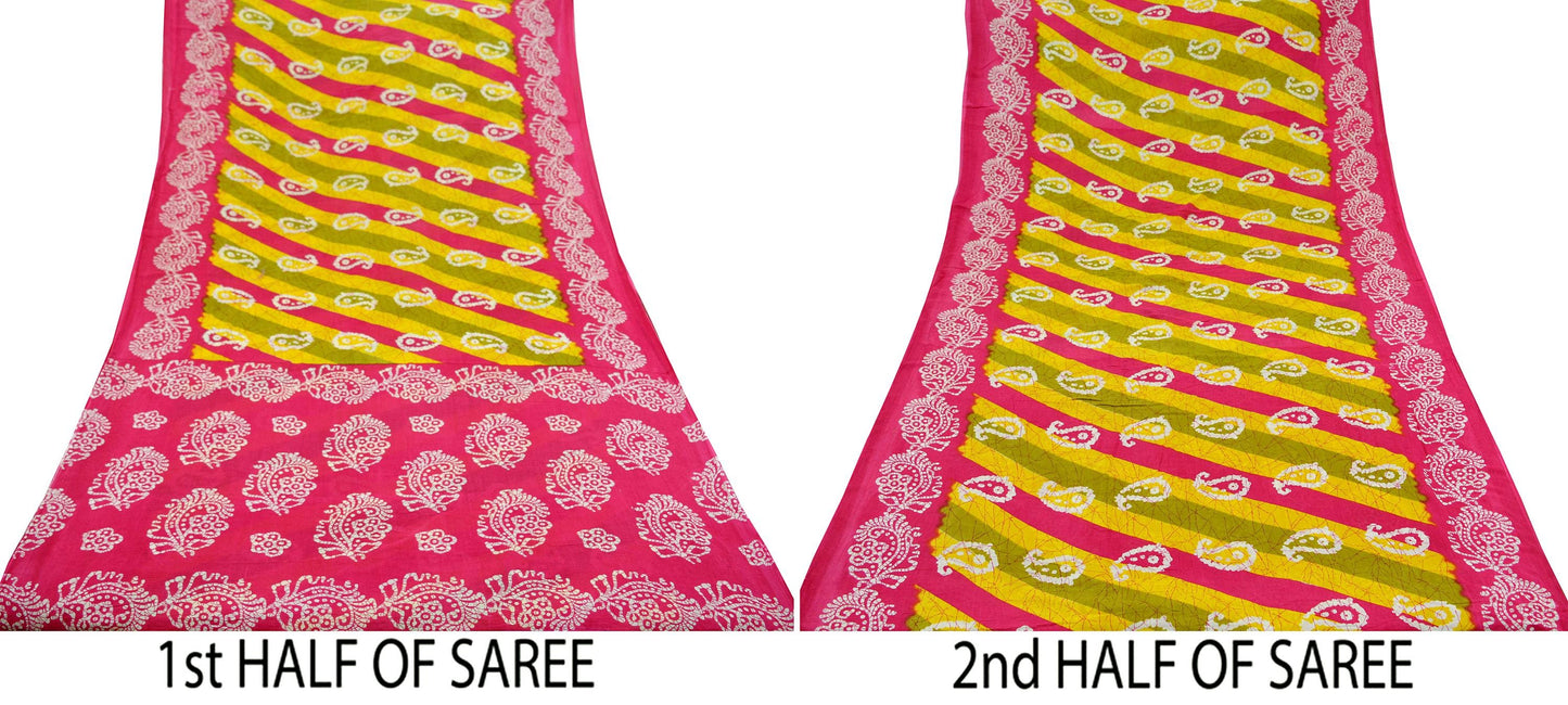 Indian Vintage Sari Yellow & Pink Printed Pure Cotton Sarees Craft Fabric 5Yd Soft Sewing Sarong Wrap Boho Floral Quilting Dress making