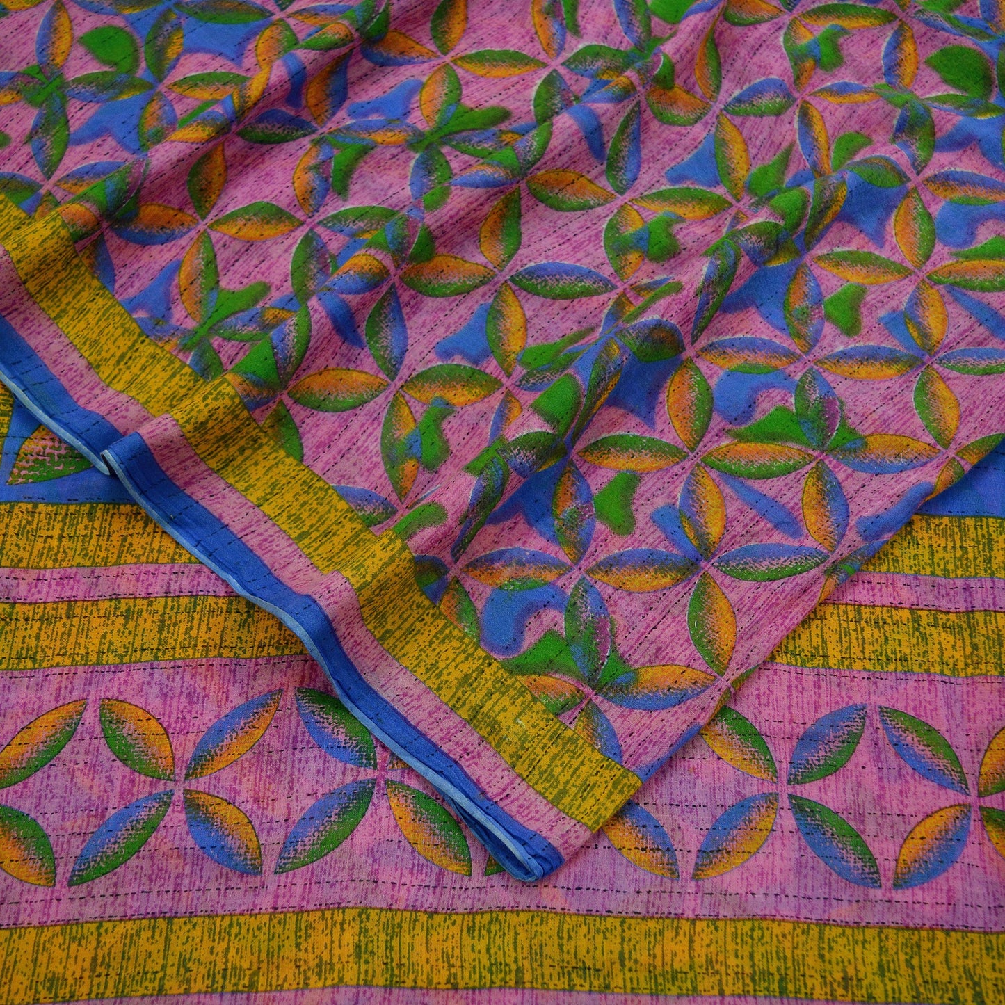 Indian Vintage Sari Mustard & Pink Printed Pure Cotton Sarees Craft Fabric 5Yd Soft Sewing Sarong Wrap Boho Floral Quilting Dress making