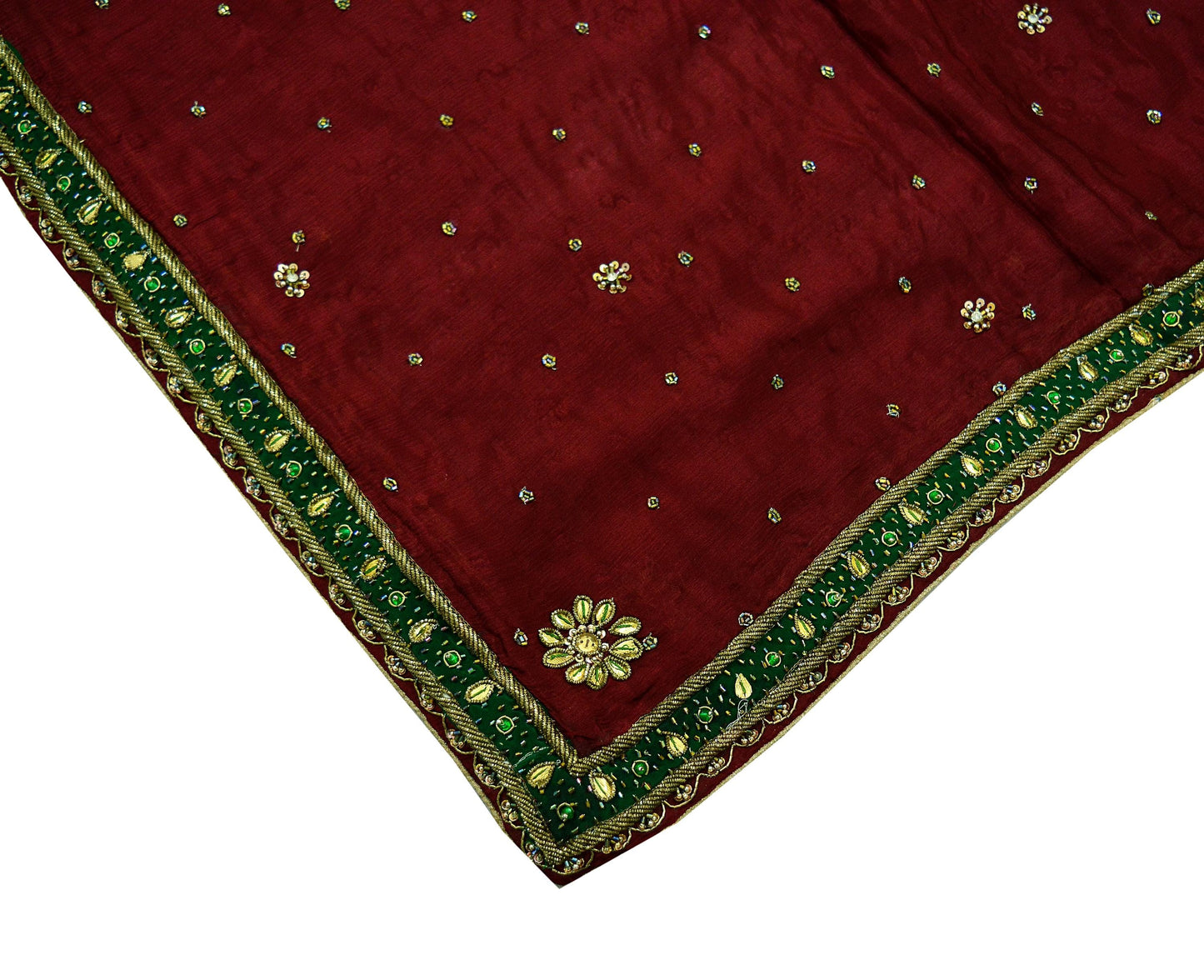 Indian Vintage Maroon Dupatta Pure silk Long Stole Hand Embroidered Scarves Floral Design Stole Veil Wrap Zari Zardozi