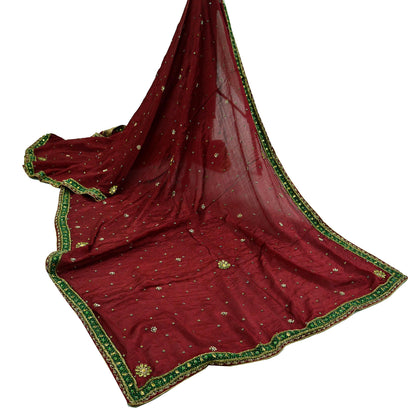 Indian Vintage Maroon Dupatta Pure silk Long Stole Hand Embroidered Scarves Floral Design Stole Veil Wrap Zari Zardozi